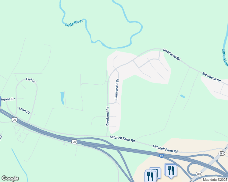map of restaurants, bars, coffee shops, grocery stores, and more near 113 Farnsworth Drive in Goldsboro