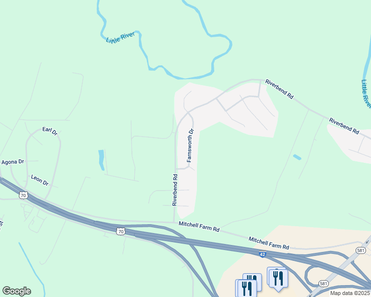 map of restaurants, bars, coffee shops, grocery stores, and more near 113 Farnsworth Drive in Goldsboro