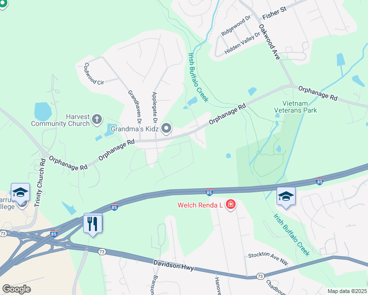 map of restaurants, bars, coffee shops, grocery stores, and more near 4142 Orphanage Road in Concord