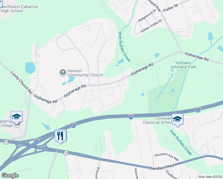 map of restaurants, bars, coffee shops, grocery stores, and more near 4142 Orphanage Road in Concord
