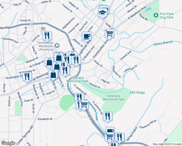 map of restaurants, bars, coffee shops, grocery stores, and more near 313 Spring St in Athens