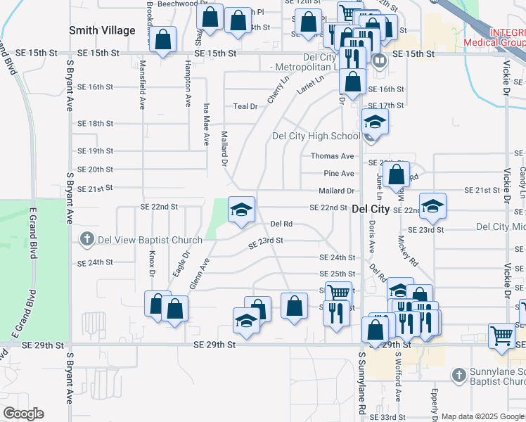 map of restaurants, bars, coffee shops, grocery stores, and more near 3900 Southeast 22nd Street in Del City