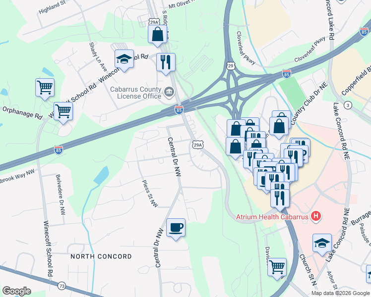 map of restaurants, bars, coffee shops, grocery stores, and more near 6 Willowbrook Dr NW in Concord