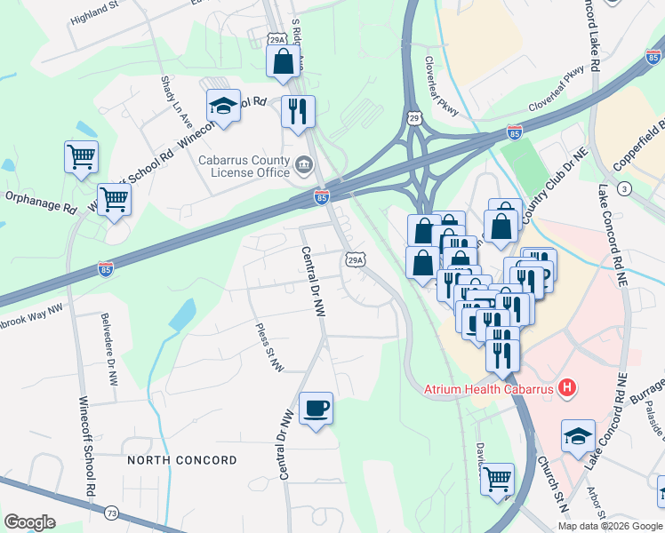 map of restaurants, bars, coffee shops, grocery stores, and more near 6 Willowbrook Drive Northwest in Concord