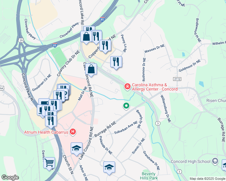 map of restaurants, bars, coffee shops, grocery stores, and more near 239 Le Phillip Court Northeast in Concord
