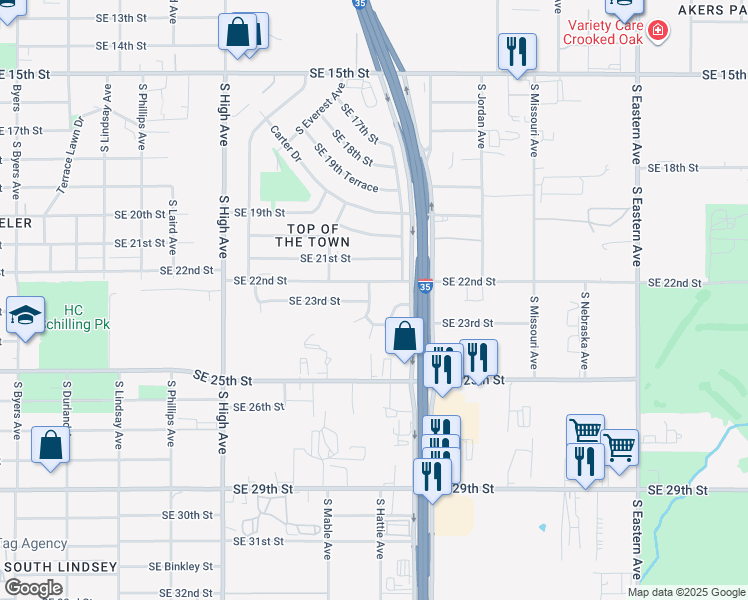 map of restaurants, bars, coffee shops, grocery stores, and more near 2312 South Kate Avenue in Oklahoma City