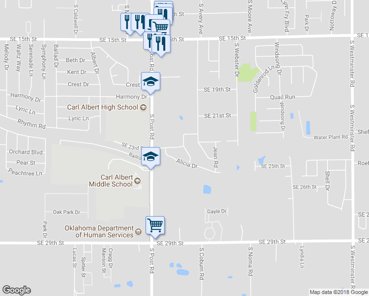 map of restaurants, bars, coffee shops, grocery stores, and more near 2325 Celina Drive in Midwest City