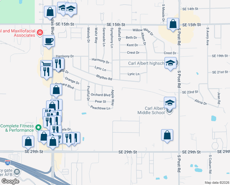 map of restaurants, bars, coffee shops, grocery stores, and more near 2340 Apple Way in Midwest City