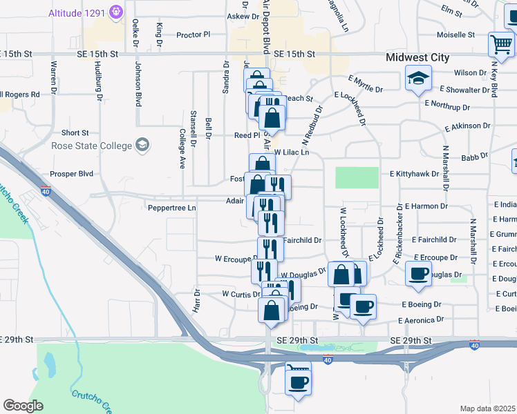 map of restaurants, bars, coffee shops, grocery stores, and more near 2303 South Air Depot Boulevard in Midwest City
