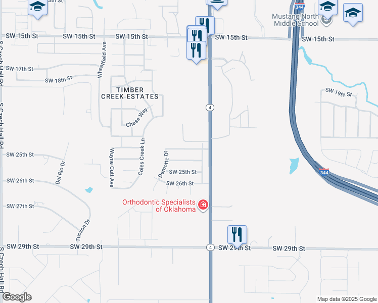map of restaurants, bars, coffee shops, grocery stores, and more near 11428 Southwest 24th Street in Yukon