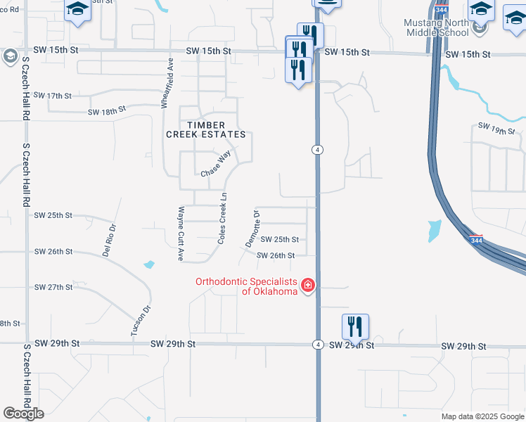 map of restaurants, bars, coffee shops, grocery stores, and more near 11512 Southwest 24th Street in Yukon