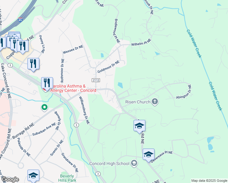map of restaurants, bars, coffee shops, grocery stores, and more near 720 Burrage Road Northeast in Concord