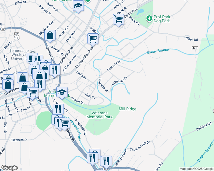 map of restaurants, bars, coffee shops, grocery stores, and more near 404 Hicks St in Athens