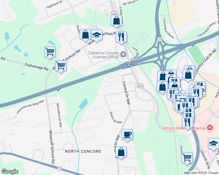 map of restaurants, bars, coffee shops, grocery stores, and more near 175 Emery Avenue Northwest in Concord