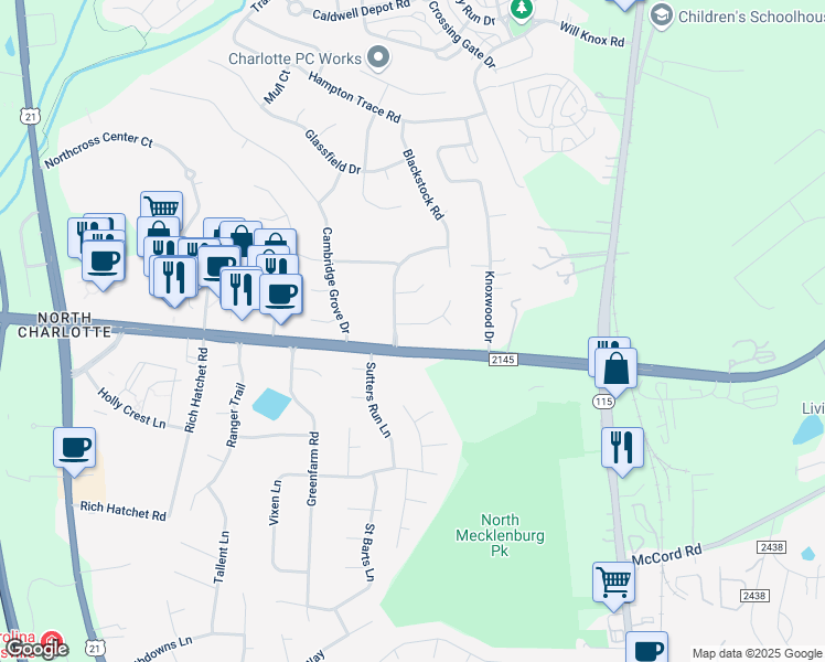 map of restaurants, bars, coffee shops, grocery stores, and more near 10304 Friarsgate Road in Huntersville