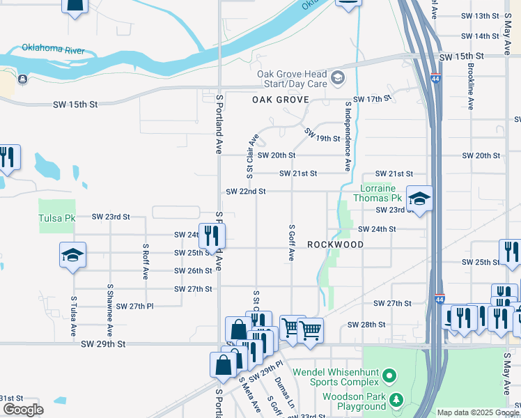 map of restaurants, bars, coffee shops, grocery stores, and more near 2324 South Saint Clair Avenue in Oklahoma City