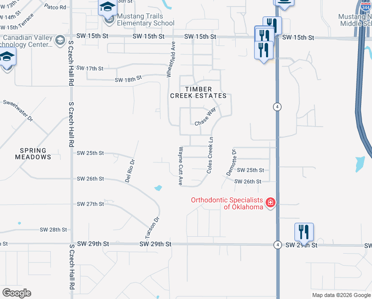map of restaurants, bars, coffee shops, grocery stores, and more near 11744 Southwest 24th Street in Yukon