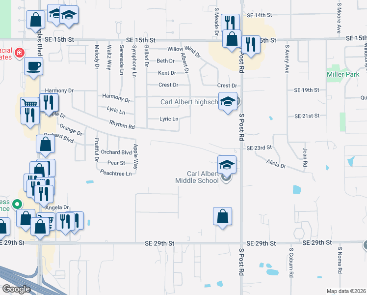 map of restaurants, bars, coffee shops, grocery stores, and more near 9704 Railroad in Midwest City
