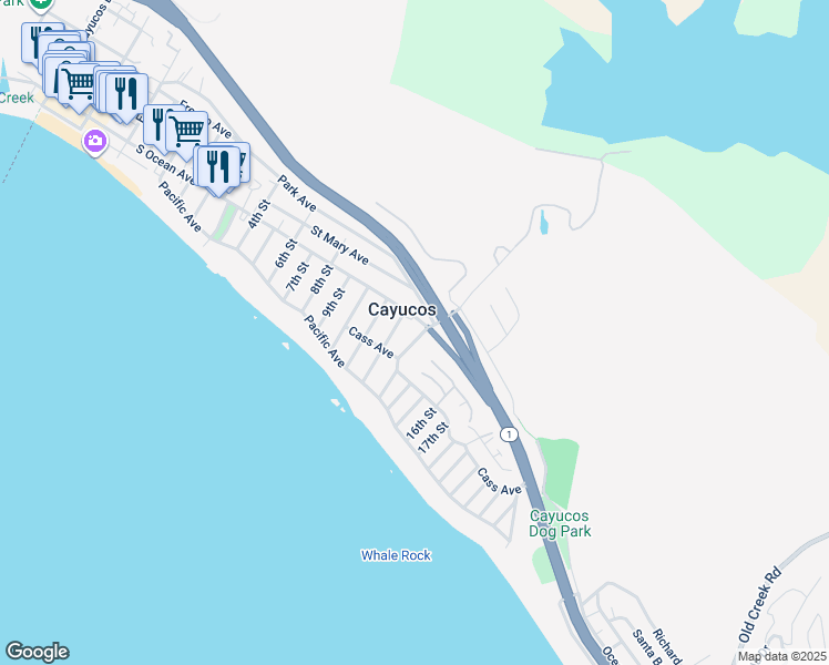 map of restaurants, bars, coffee shops, grocery stores, and more near 99 13th Street in Cayucos