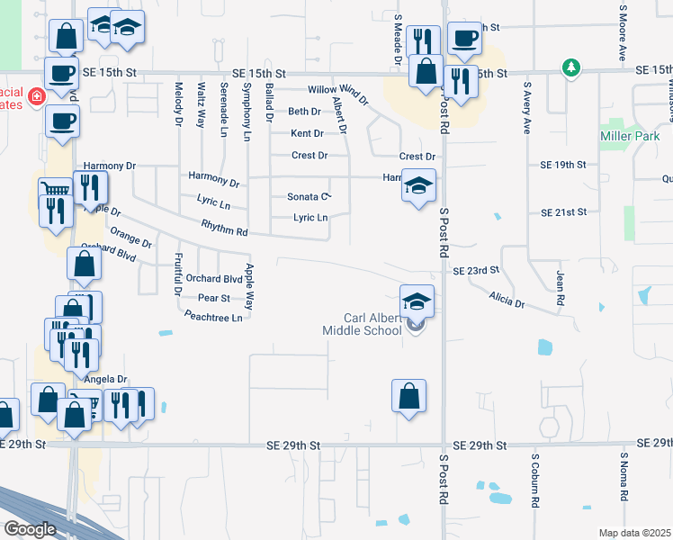 map of restaurants, bars, coffee shops, grocery stores, and more near 9704 Railroad in Midwest City