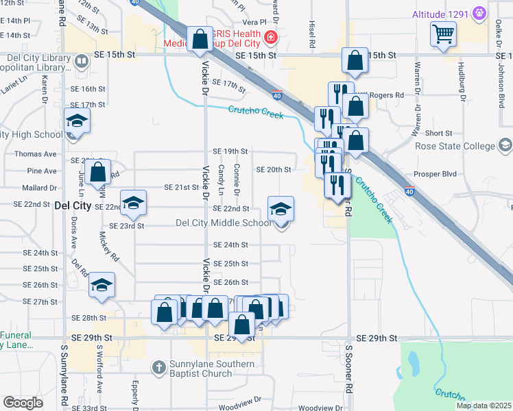 map of restaurants, bars, coffee shops, grocery stores, and more near 4801 Southeast 22nd Street in Del City