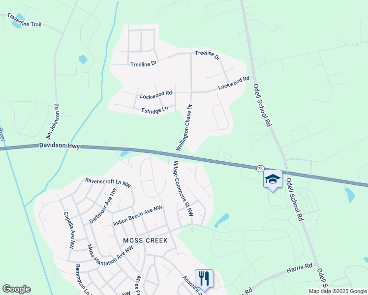 map of restaurants, bars, coffee shops, grocery stores, and more near 2000 Wellington Chase Drive in Concord