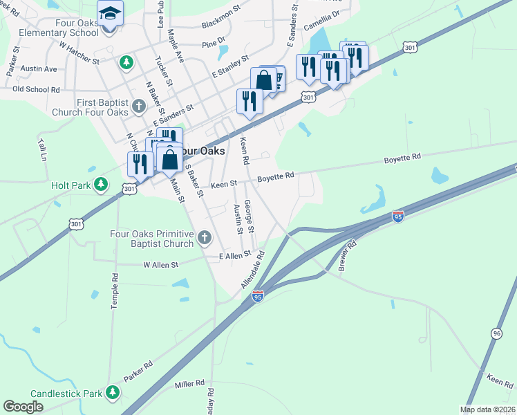 map of restaurants, bars, coffee shops, grocery stores, and more near 208 Keen Road in Four Oaks
