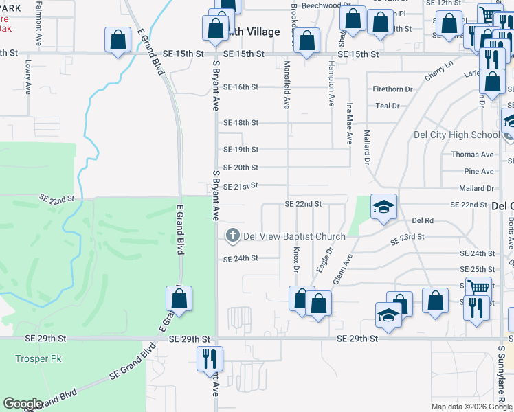 map of restaurants, bars, coffee shops, grocery stores, and more near 2305 South Krowse Avenue in Del City