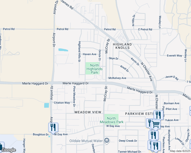 map of restaurants, bars, coffee shops, grocery stores, and more near 4000 Rio Del Norte Street in Bakersfield