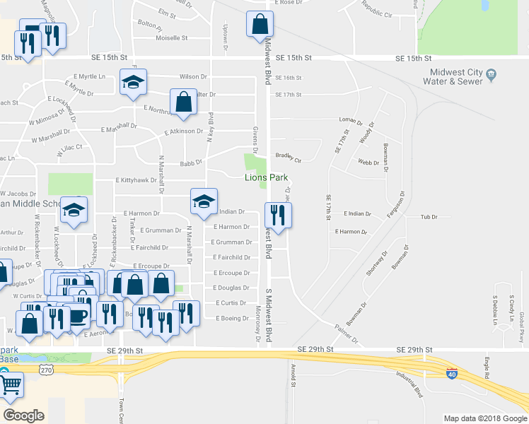map of restaurants, bars, coffee shops, grocery stores, and more near 532 Monroney Drive in Oklahoma City