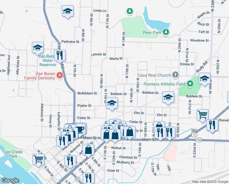 map of restaurants, bars, coffee shops, grocery stores, and more near 1121 Baldwin Street in Van Buren