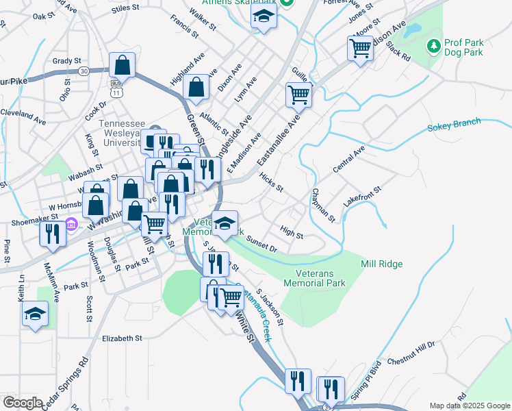 map of restaurants, bars, coffee shops, grocery stores, and more near 313 Spring Street in Athens