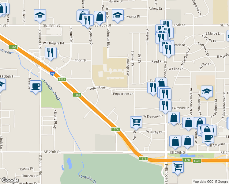 map of restaurants, bars, coffee shops, grocery stores, and more near 617 Peppertree Lane in Midwest City