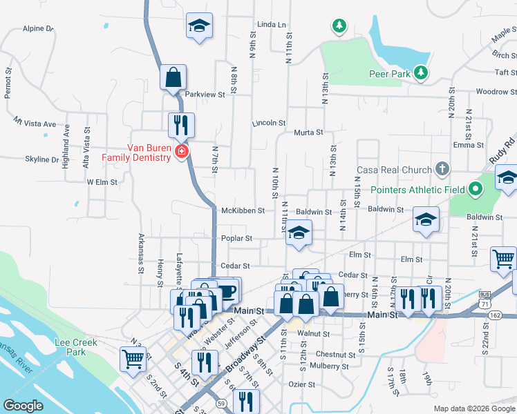map of restaurants, bars, coffee shops, grocery stores, and more near 901 McKibben Street in Van Buren