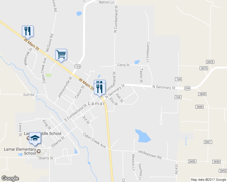 map of restaurants, bars, coffee shops, grocery stores, and more near 199 North Seminary Street in Lamar