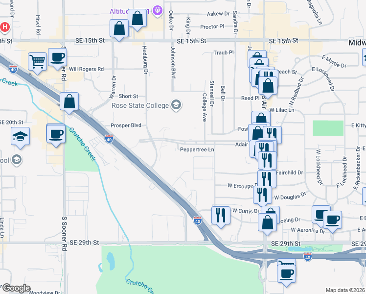 map of restaurants, bars, coffee shops, grocery stores, and more near 613 Peppertree Lane in Midwest City