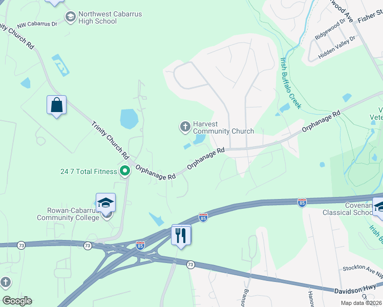 map of restaurants, bars, coffee shops, grocery stores, and more near 4308 Orphanage Road in Concord