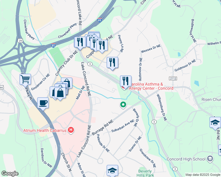 map of restaurants, bars, coffee shops, grocery stores, and more near 239 Le Phillip Court Northeast in Concord