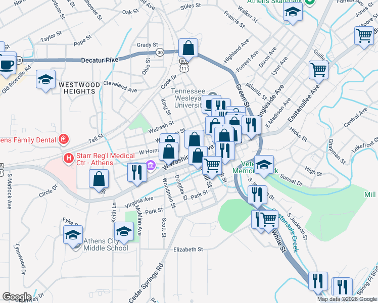 map of restaurants, bars, coffee shops, grocery stores, and more near 204 West Washington Avenue in Etowah