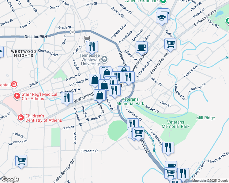 map of restaurants, bars, coffee shops, grocery stores, and more near 18 South Jackson Street in Athens