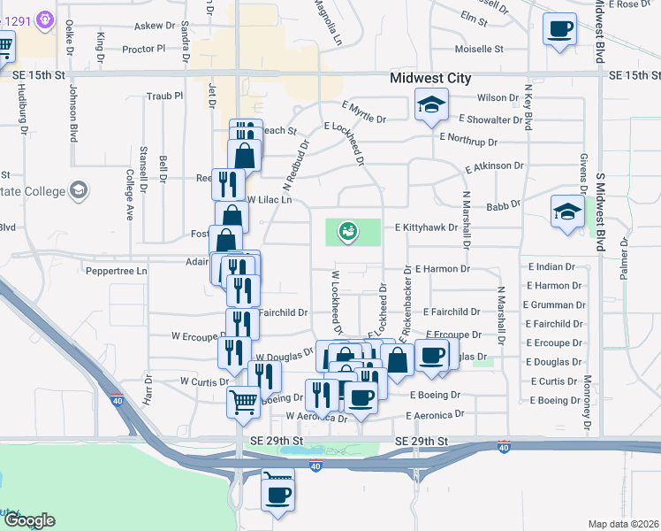 map of restaurants, bars, coffee shops, grocery stores, and more near 600 West Lockheed Drive in Midwest City