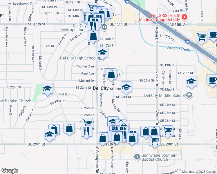 map of restaurants, bars, coffee shops, grocery stores, and more near 4325 Southeast 22nd Street in Del City