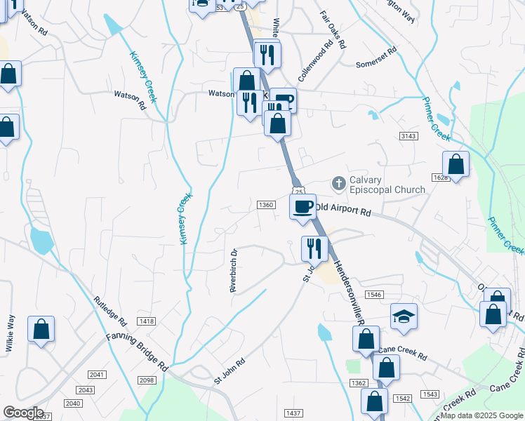 map of restaurants, bars, coffee shops, grocery stores, and more near 23 North Hillcrest Road in Arden