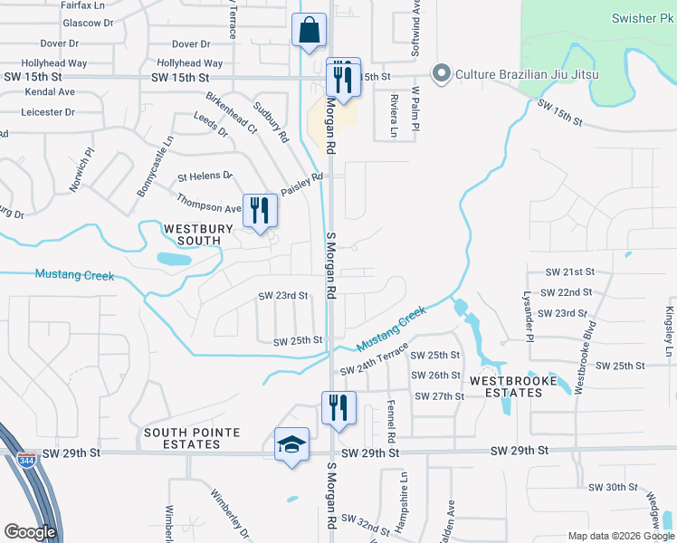 map of restaurants, bars, coffee shops, grocery stores, and more near 2300 South Morgan Road in Oklahoma City