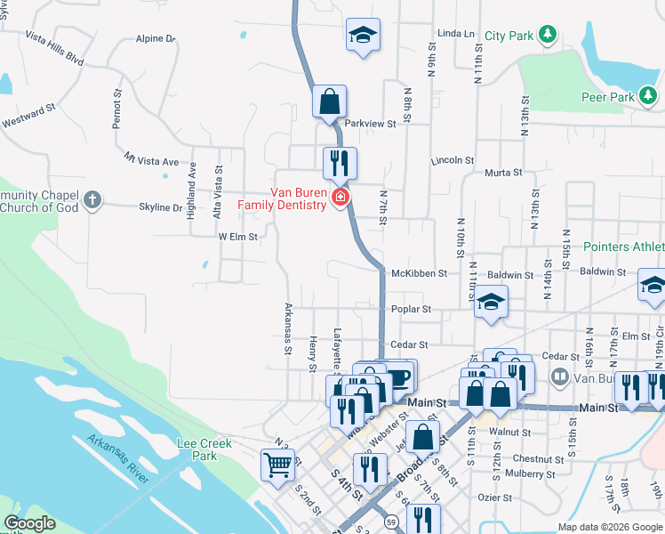 map of restaurants, bars, coffee shops, grocery stores, and more near 518 McKibben Street in Van Buren