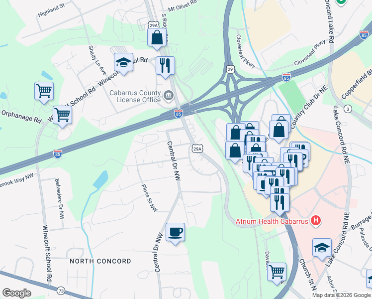 map of restaurants, bars, coffee shops, grocery stores, and more near 6 Willowbrook Drive Northwest in Concord