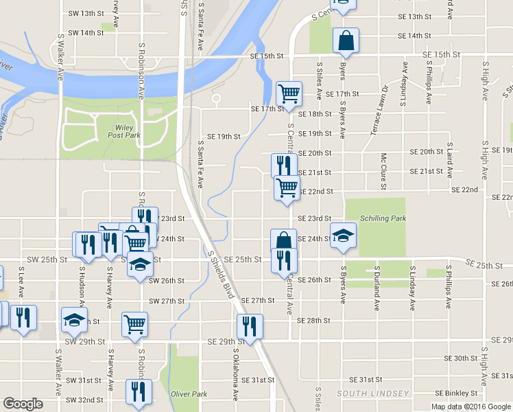 map of restaurants, bars, coffee shops, grocery stores, and more near 2321 South Walnut Avenue in Oklahoma City