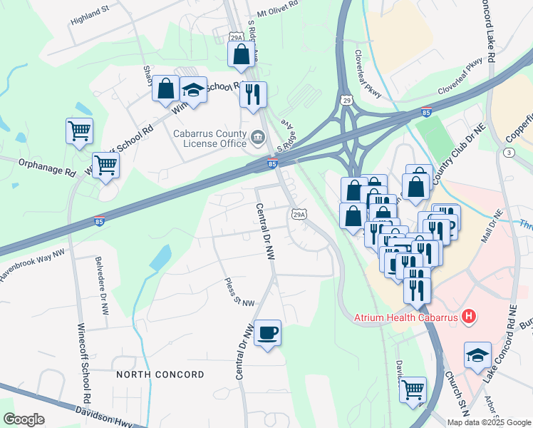 map of restaurants, bars, coffee shops, grocery stores, and more near 11 Maple Avenue Northwest in Concord