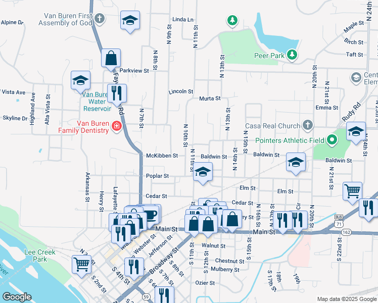 map of restaurants, bars, coffee shops, grocery stores, and more near 508 North 10th Street in Van Buren