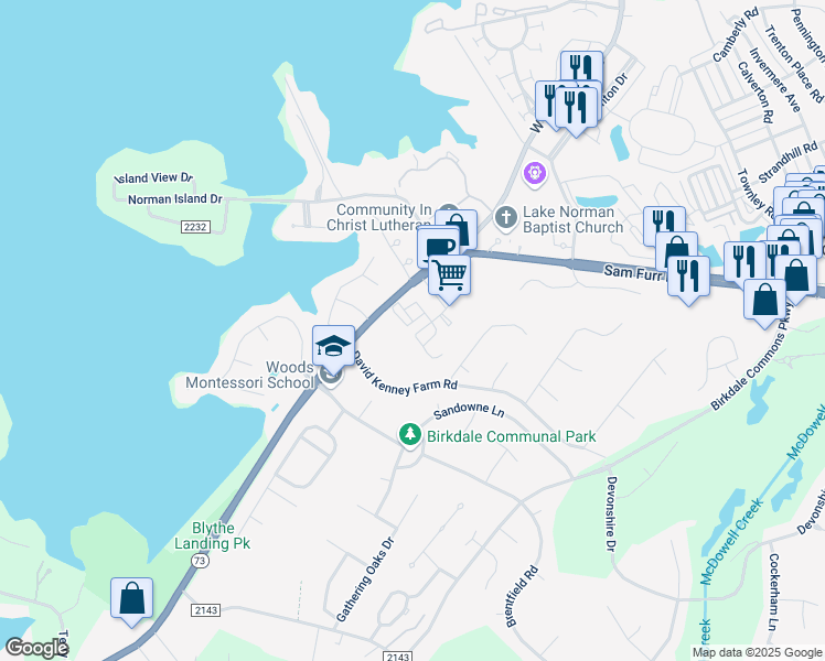 map of restaurants, bars, coffee shops, grocery stores, and more near 16506 Ambassador Park Drive in Huntersville
